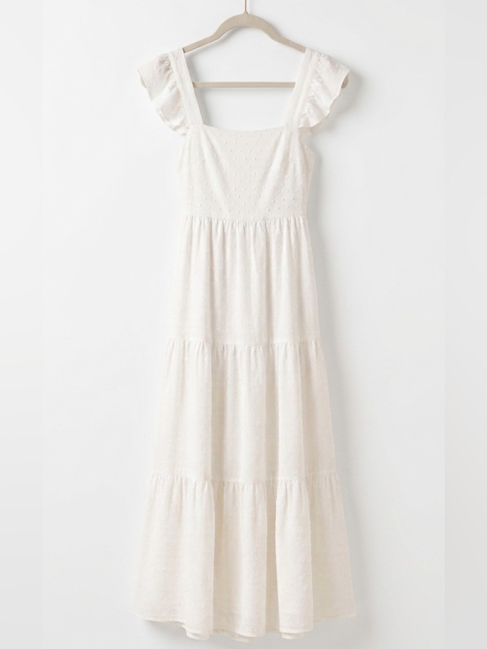 Flowy White Polka Dot Pom Pom Maxi Dress w/ Flutter Straps + Open Tie Low Back